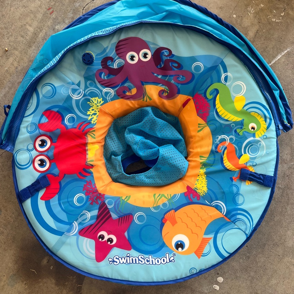 Swimschool self-inflating baby boat w/adjustable seat, retractable canopy
